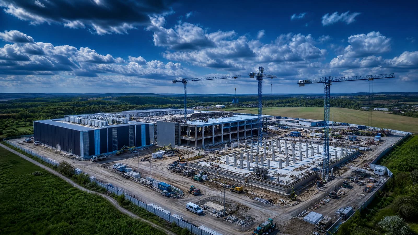 A CTS Group data center campus under construction — one building complete, one being roofed, one at foundation stage